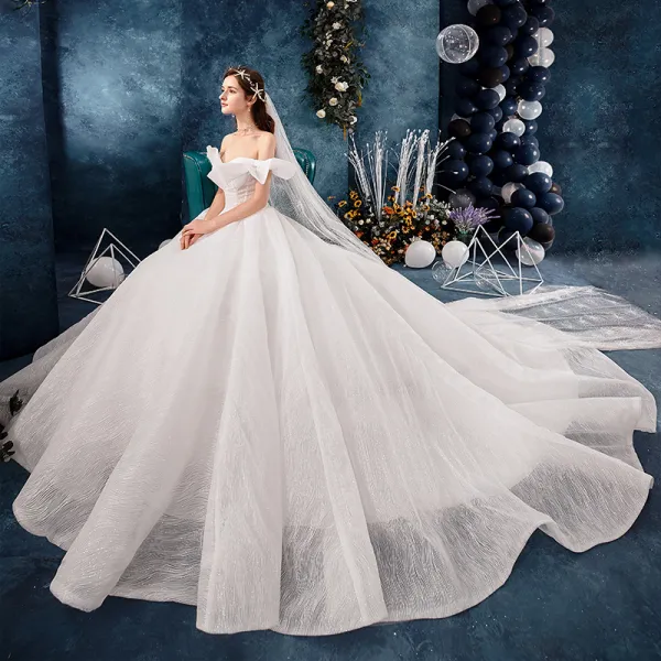 Best Ivory Wedding Dresses 2019 Ball Gown Off-The-Shoulder Short Sleeve Backless Glitter Tulle Chapel Train Ruffle