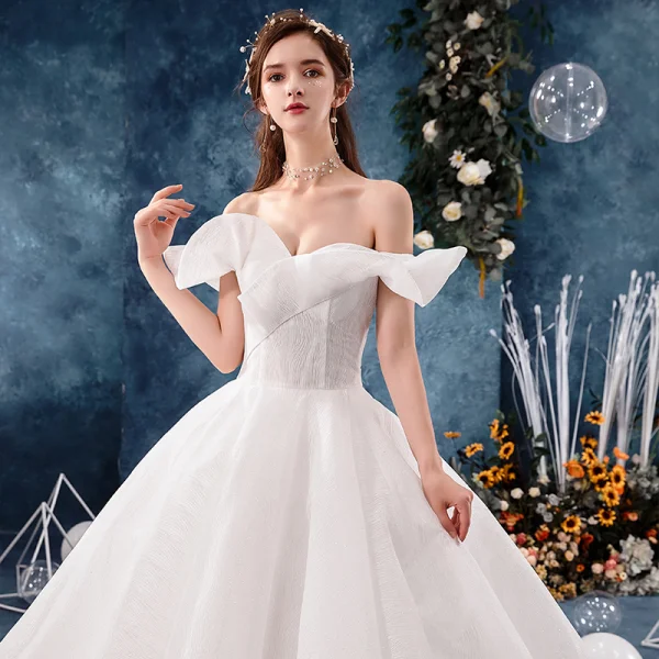 Best Ivory Wedding Dresses 2019 Ball Gown Off-The-Shoulder Short Sleeve Backless Glitter Tulle Chapel Train Ruffle