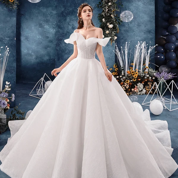 Best Ivory Wedding Dresses 2019 Ball Gown Off-The-Shoulder Short Sleeve Backless Glitter Tulle Chapel Train Ruffle