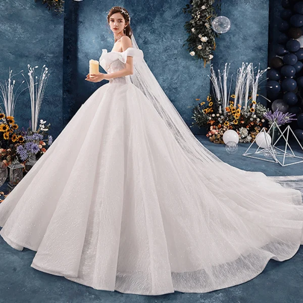 Best Ivory Wedding Dresses 2019 Ball Gown Off-The-Shoulder Short Sleeve Backless Glitter Tulle Chapel Train Ruffle