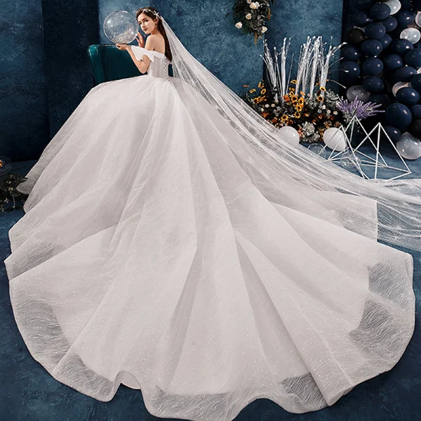 Best Ivory Wedding Dresses 2019 Ball Gown Off-The-Shoulder Short Sleeve Backless Glitter Tulle Chapel Train Ruffle