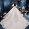 Best Ivory Wedding Dresses 2019 Ball Gown Off-The-Shoulder Short Sleeve Backless Glitter Tulle Chapel Train Ruffle