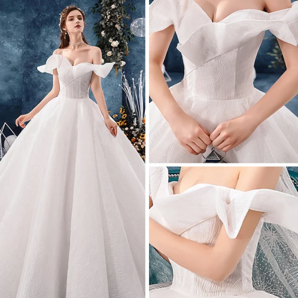 Best Ivory Wedding Dresses 2019 Ball Gown Off-The-Shoulder Short Sleeve Backless Glitter Tulle Chapel Train Ruffle