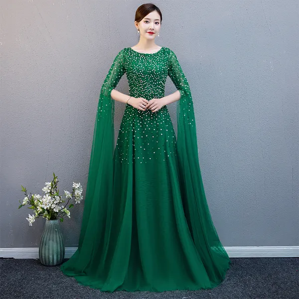 Chic / Beautiful Dark Green Evening Dresses  2019 A-Line / Princess Scoop Neck 1/2 Sleeves Sequins Sweep Train Ruffle Formal Dresses