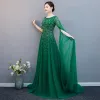 Chic / Beautiful Dark Green Evening Dresses  2019 A-Line / Princess Scoop Neck 1/2 Sleeves Sequins Sweep Train Ruffle Formal Dresses