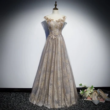 Elegante Grijs Doorzichtige Avondjurken 2019 A Lijn Ronde Hals Mouwloos Appliques Pailletten Glans Tule Lange Ruche Ruglooze