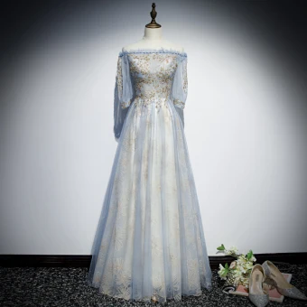 Chic Belle Bleu Ciel Robe De Soirée 2019 Princesse De L 039 Épaule Gonflée 1 2 Manches Appliques Paillettes Perlage Glitter Tulle Longue Volants Dos Nu Robe De Ceremonie