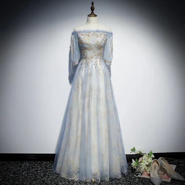 Piękne Błękitne Sukienki Wieczorowe 2019 Princessa Przy Ramieniu Bufiasta 1/2 Rękawy Aplikacje Cekiny Frezowanie Cekinami Tiulowe Długie Wzburzyć Bez Pleców Sukienki Wizytowe