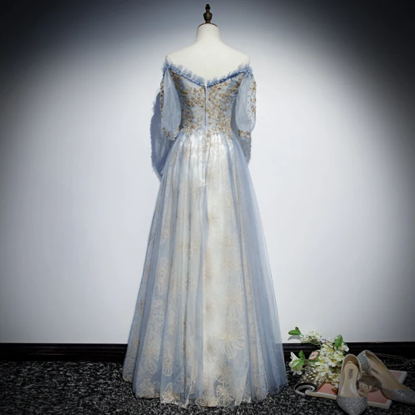 Chic / Belle Bleu Ciel Robe De Soirée 2019 Princesse De l'épaule Gonflée 1/2 Manches Appliques Paillettes Perlage Glitter Tulle Longue Volants Dos Nu Robe De Ceremonie