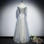 Chic / Belle Bleu Ciel Robe De Soirée 2019 Princesse De l'épaule Gonflée 1/2 Manches Appliques Paillettes Perlage Glitter Tulle Longue Volants Dos Nu Robe De Ceremonie