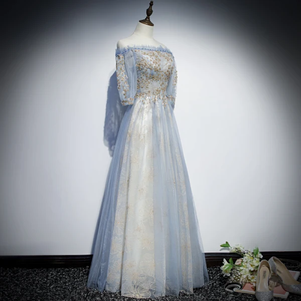 Chic / Belle Bleu Ciel Robe De Soirée 2019 Princesse De l'épaule Gonflée 1/2 Manches Appliques Paillettes Perlage Glitter Tulle Longue Volants Dos Nu Robe De Ceremonie