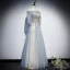 Chic / Belle Bleu Ciel Robe De Soirée 2019 Princesse De l'épaule Gonflée 1/2 Manches Appliques Paillettes Perlage Glitter Tulle Longue Volants Dos Nu Robe De Ceremonie