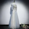 Piękne Błękitne Sukienki Wieczorowe 2019 Princessa Przy Ramieniu Bufiasta 1/2 Rękawy Aplikacje Cekiny Frezowanie Cekinami Tiulowe Długie Wzburzyć Bez Pleców Sukienki Wizytowe