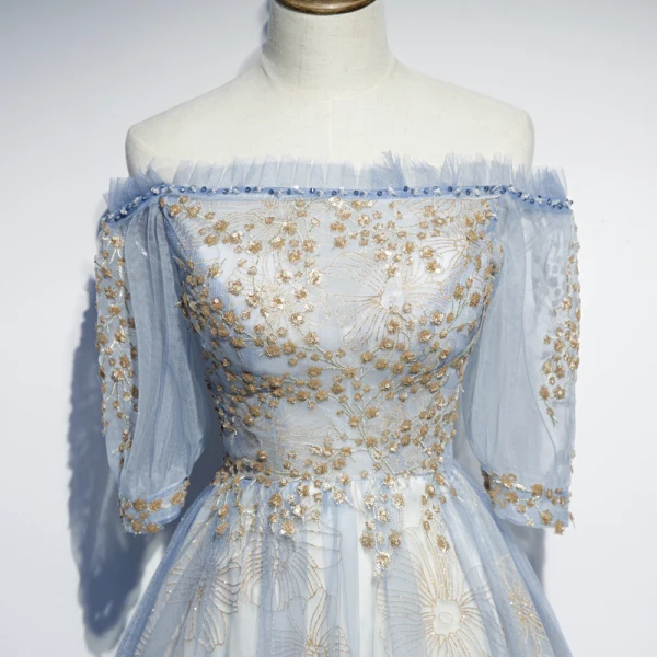 Chic / Belle Bleu Ciel Robe De Soirée 2019 Princesse De l'épaule Gonflée 1/2 Manches Appliques Paillettes Perlage Glitter Tulle Longue Volants Dos Nu Robe De Ceremonie