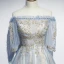 Chic / Belle Bleu Ciel Robe De Soirée 2019 Princesse De l'épaule Gonflée 1/2 Manches Appliques Paillettes Perlage Glitter Tulle Longue Volants Dos Nu Robe De Ceremonie