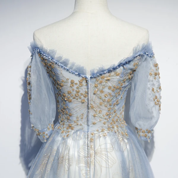 Chic / Belle Bleu Ciel Robe De Soirée 2019 Princesse De l'épaule Gonflée 1/2 Manches Appliques Paillettes Perlage Glitter Tulle Longue Volants Dos Nu Robe De Ceremonie