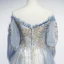 Chic / Belle Bleu Ciel Robe De Soirée 2019 Princesse De l'épaule Gonflée 1/2 Manches Appliques Paillettes Perlage Glitter Tulle Longue Volants Dos Nu Robe De Ceremonie