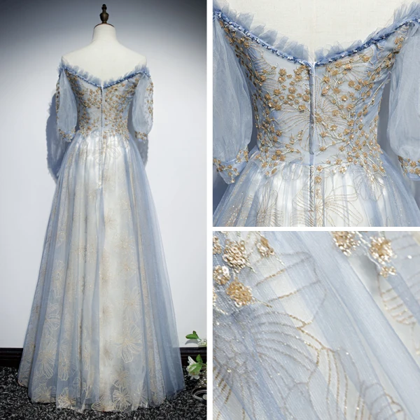 Chic / Belle Bleu Ciel Robe De Soirée 2019 Princesse De l'épaule Gonflée 1/2 Manches Appliques Paillettes Perlage Glitter Tulle Longue Volants Dos Nu Robe De Ceremonie