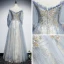 Chic / Belle Bleu Ciel Robe De Soirée 2019 Princesse De l'épaule Gonflée 1/2 Manches Appliques Paillettes Perlage Glitter Tulle Longue Volants Dos Nu Robe De Ceremonie