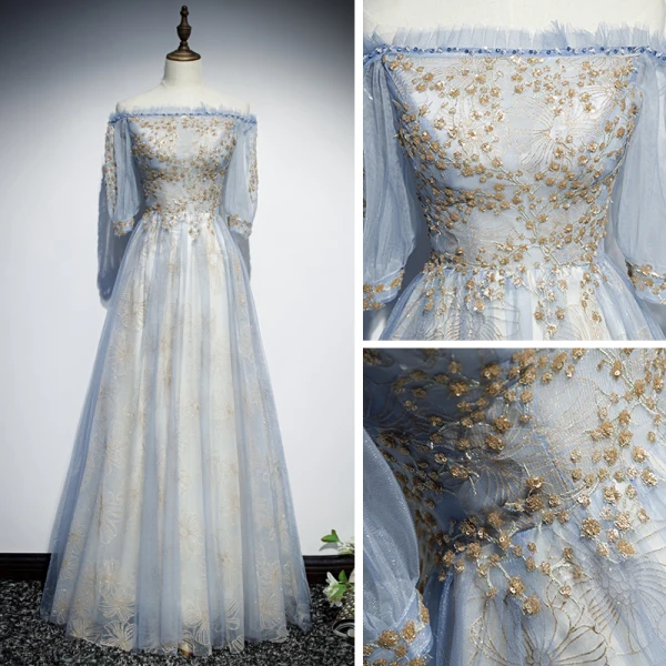 Chic / Belle Bleu Ciel Robe De Soirée 2019 Princesse De l'épaule Gonflée 1/2 Manches Appliques Paillettes Perlage Glitter Tulle Longue Volants Dos Nu Robe De Ceremonie
