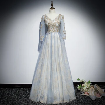 Chic Belle Bleu Ciel Robe De Soirée 2019 Princesse V Cou 3 4 Manches Appliques Paillettes Glitter Tulle Longue Volants Dos Nu Robe De Ceremonie