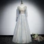 Chic / Belle Bleu Ciel Robe De Soirée 2019 Princesse V-Cou 3/4 Manches Appliques Paillettes Glitter Tulle Longue Volants Dos Nu Robe De Ceremonie