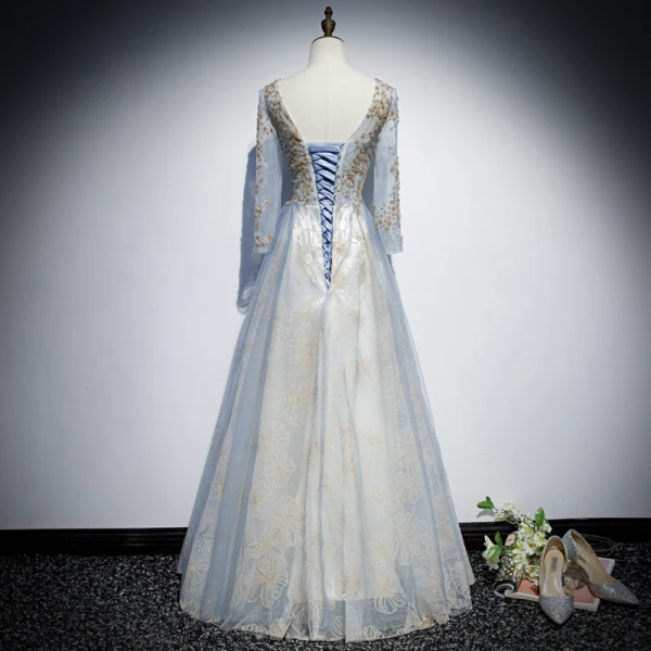Chic / Belle Bleu Ciel Robe De Soirée 2019 Princesse V-Cou 3/4 Manches Appliques Paillettes Glitter Tulle Longue Volants Dos Nu Robe De Ceremonie