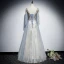 Chic / Belle Bleu Ciel Robe De Soirée 2019 Princesse V-Cou 3/4 Manches Appliques Paillettes Glitter Tulle Longue Volants Dos Nu Robe De Ceremonie
