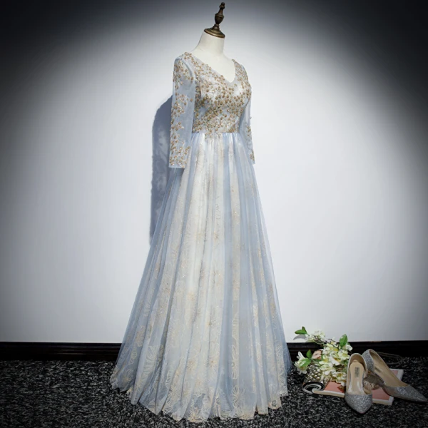 Chic / Belle Bleu Ciel Robe De Soirée 2019 Princesse V-Cou 3/4 Manches Appliques Paillettes Glitter Tulle Longue Volants Dos Nu Robe De Ceremonie