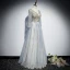 Chic / Belle Bleu Ciel Robe De Soirée 2019 Princesse V-Cou 3/4 Manches Appliques Paillettes Glitter Tulle Longue Volants Dos Nu Robe De Ceremonie