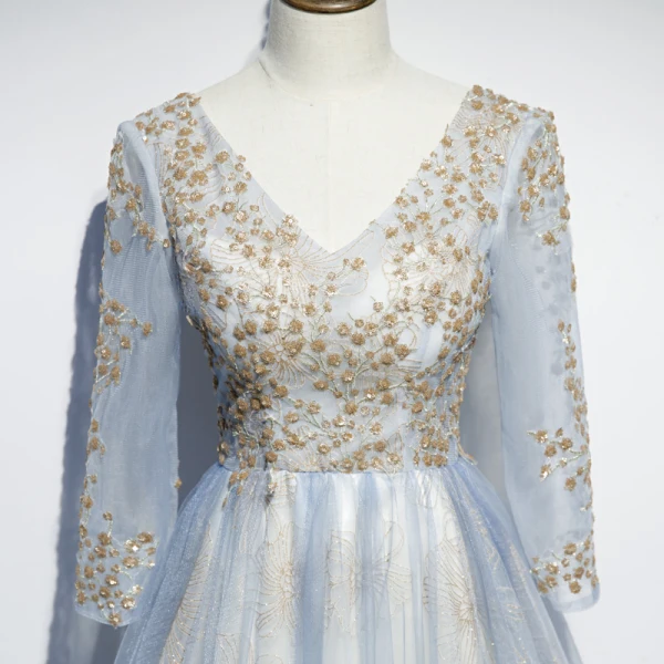 Chic / Belle Bleu Ciel Robe De Soirée 2019 Princesse V-Cou 3/4 Manches Appliques Paillettes Glitter Tulle Longue Volants Dos Nu Robe De Ceremonie