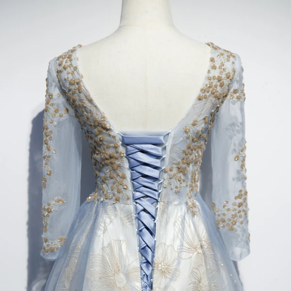 Chic / Belle Bleu Ciel Robe De Soirée 2019 Princesse V-Cou 3/4 Manches Appliques Paillettes Glitter Tulle Longue Volants Dos Nu Robe De Ceremonie