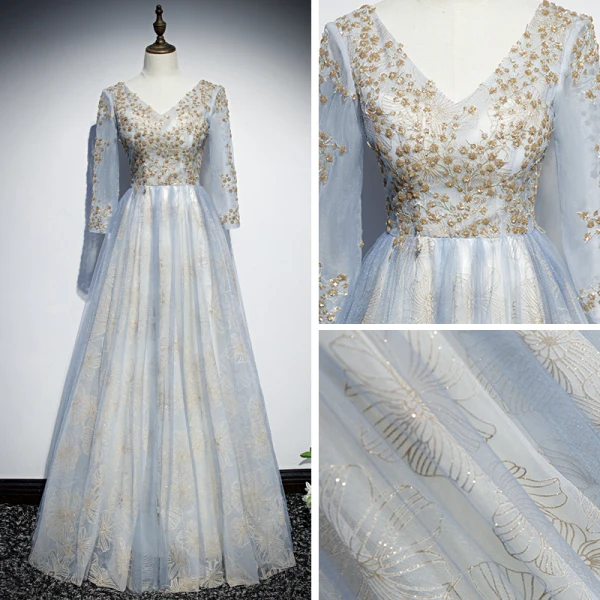 Chic / Belle Bleu Ciel Robe De Soirée 2019 Princesse V-Cou 3/4 Manches Appliques Paillettes Glitter Tulle Longue Volants Dos Nu Robe De Ceremonie