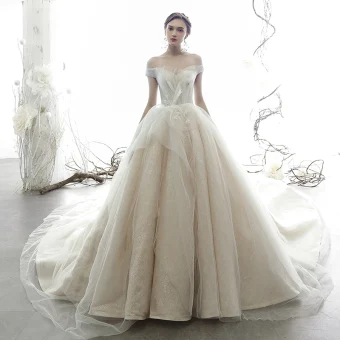 Best Champagne Wedding Dresses 2019 Ball Gown Off The Shoulder Short Sleeve Backless Glitter Tulle Cathedral Train Ruffle