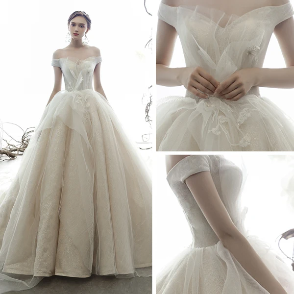 Meilleur Champagne Robe De Mariée 2019 Robe Boule De l'épaule Manches Courtes Dos Nu Glitter Tulle Cathedral Train Volants