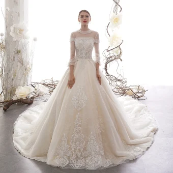 Vintage Originale Champagne Transparentes Robe De Mariée 2019 Princesse Col Haut Gonflée 3 4 Manches Dos Nu Appliques En Dentelle Perlage Cathedral Train Volants