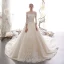 Vintage / Originale Champagne Transparentes Robe De Mariée 2019 Princesse Col Haut Gonflée 3/4 Manches Dos Nu Appliques En Dentelle Perlage Cathedral Train Volants
