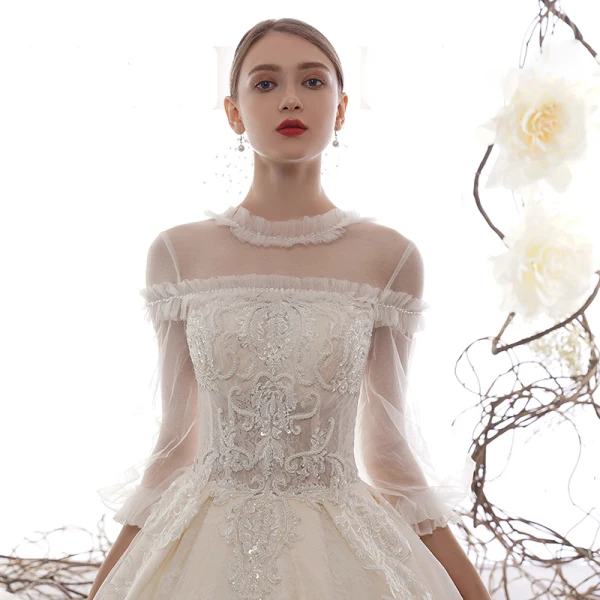 Vintage / Originale Champagne Transparentes Robe De Mariée 2019 Princesse Col Haut Gonflée 3/4 Manches Dos Nu Appliques En Dentelle Perlage Cathedral Train Volants
