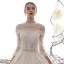 Vintage / Originale Champagne Transparentes Robe De Mariée 2019 Princesse Col Haut Gonflée 3/4 Manches Dos Nu Appliques En Dentelle Perlage Cathedral Train Volants