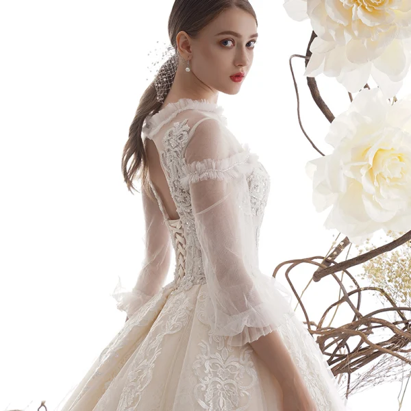 Vintage / Originale Champagne Transparentes Robe De Mariée 2019 Princesse Col Haut Gonflée 3/4 Manches Dos Nu Appliques En Dentelle Perlage Cathedral Train Volants