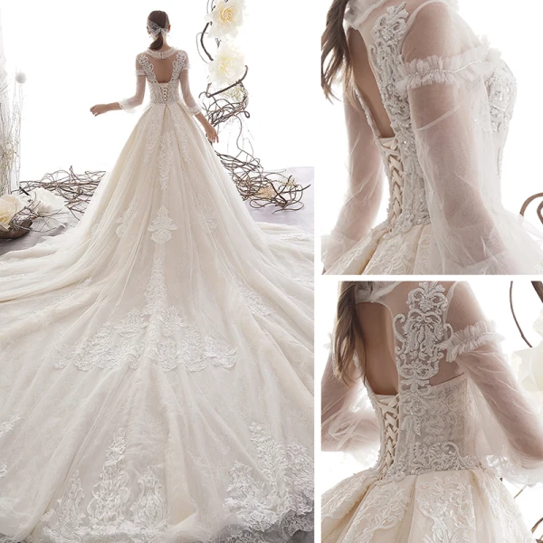 Vintage / Originale Champagne Transparentes Robe De Mariée 2019 Princesse Col Haut Gonflée 3/4 Manches Dos Nu Appliques En Dentelle Perlage Cathedral Train Volants