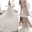 Vintage / Originale Champagne Transparentes Robe De Mariée 2019 Princesse Col Haut Gonflée 3/4 Manches Dos Nu Appliques En Dentelle Perlage Cathedral Train Volants