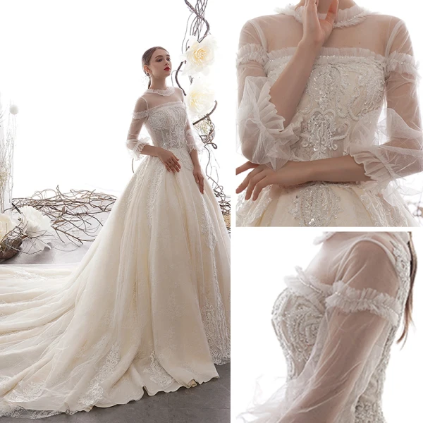 Vintage / Originale Champagne Transparentes Robe De Mariée 2019 Princesse Col Haut Gonflée 3/4 Manches Dos Nu Appliques En Dentelle Perlage Cathedral Train Volants