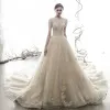 Vintage / Retro Champagne See-through Wedding Dresses 2019 A-Line / Princess High Neck Short Sleeve Beading Tassel Appliques Lace Cathedral Train Ruffle
