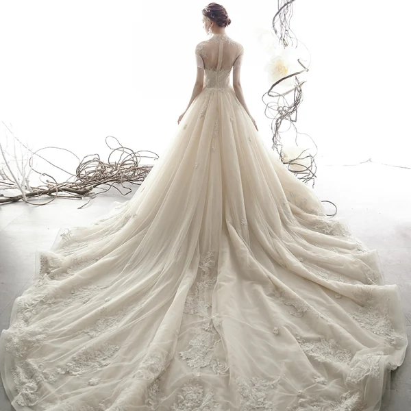 Vintage / Retro Champagne See-through Wedding Dresses 2019 A-Line / Princess High Neck Short Sleeve Beading Tassel Appliques Lace Cathedral Train Ruffle