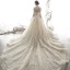 Vintage / Retro Champagne See-through Wedding Dresses 2019 A-Line / Princess High Neck Short Sleeve Beading Tassel Appliques Lace Cathedral Train Ruffle