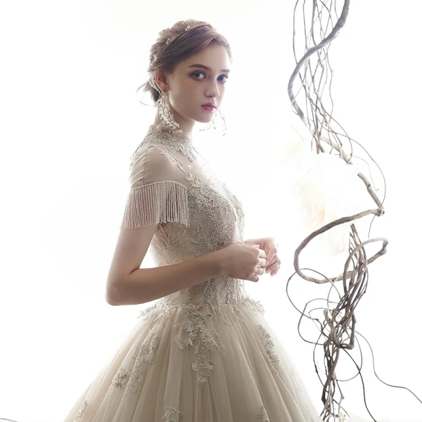 Vintage / Retro Champagne See-through Wedding Dresses 2019 A-Line / Princess High Neck Short Sleeve Beading Tassel Appliques Lace Cathedral Train Ruffle