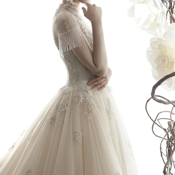 Vintage / Retro Champagne See-through Wedding Dresses 2019 A-Line / Princess High Neck Short Sleeve Beading Tassel Appliques Lace Cathedral Train Ruffle