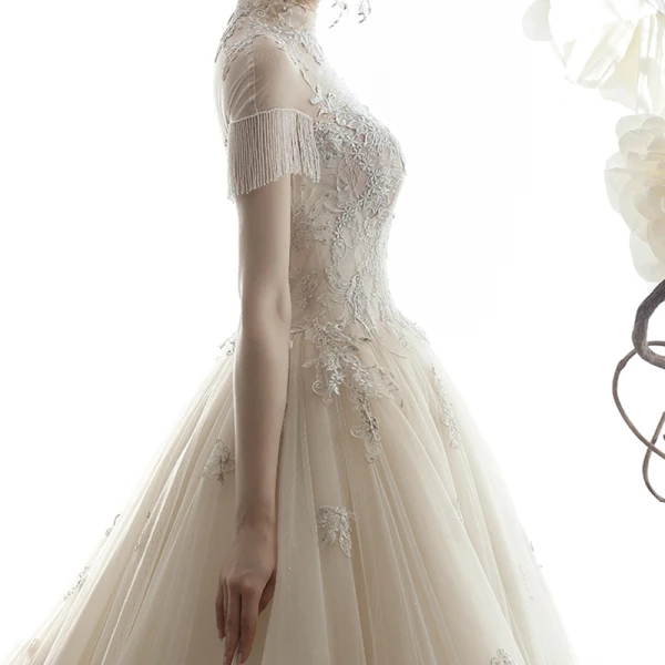 Vintage / Retro Champagne See-through Wedding Dresses 2019 A-Line / Princess High Neck Short Sleeve Beading Tassel Appliques Lace Cathedral Train Ruffle