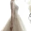 Vintage / Retro Champagne See-through Wedding Dresses 2019 A-Line / Princess High Neck Short Sleeve Beading Tassel Appliques Lace Cathedral Train Ruffle